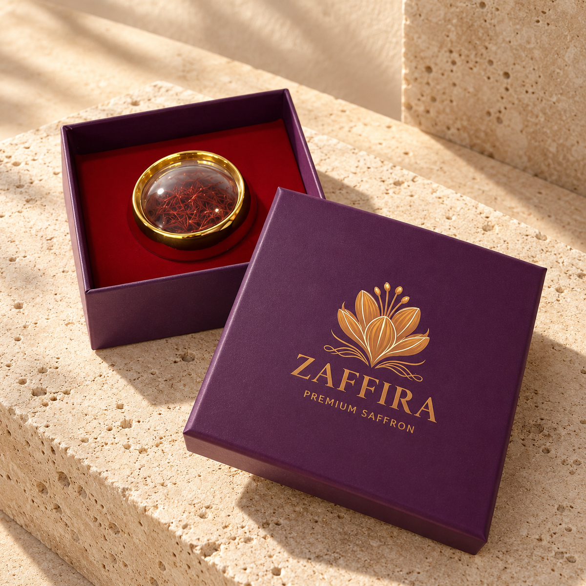 Zaffira saffron capsule in open purple box on travertine stone