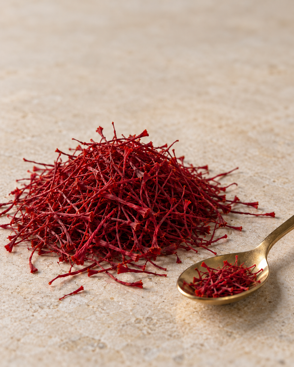 Loose pile of Super Negin saffron threads with a gold spoon
