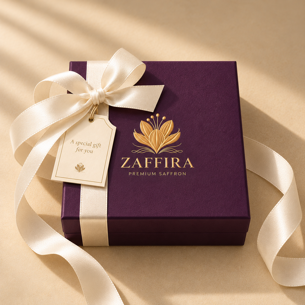 Zaffira Gift Box closed, tied with a cream satin ribbon and a gift tag
